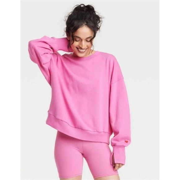 JoyLab Tops - Joy Lab Small Pink Heart Embroidered Tulip Cuff Crewneck Sweatshirt girlhoodcore